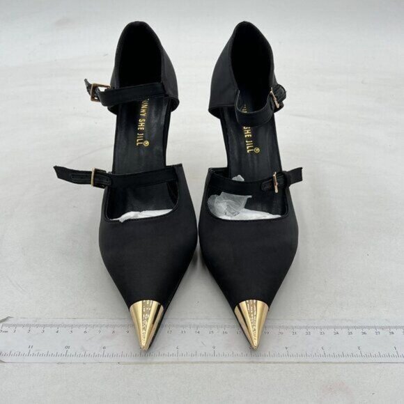 Funny She Jill Black Pointed Toe High Heel Shoes Ankle Strap Heels Stiletto Shoe - Picture 2 of 6